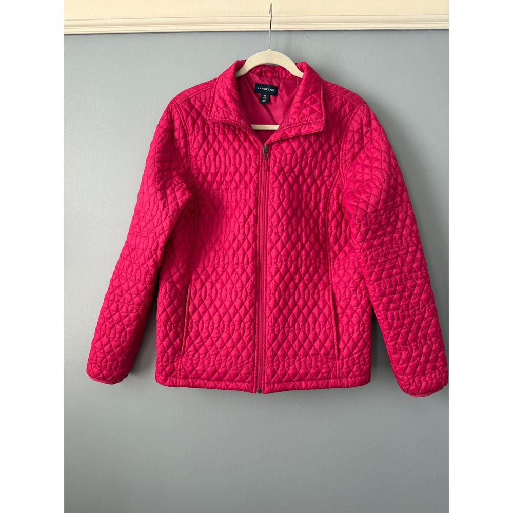 Lands' End Women's Bright Pink Quilted Jacket Zip Up Pockets Size Medium (10-12)